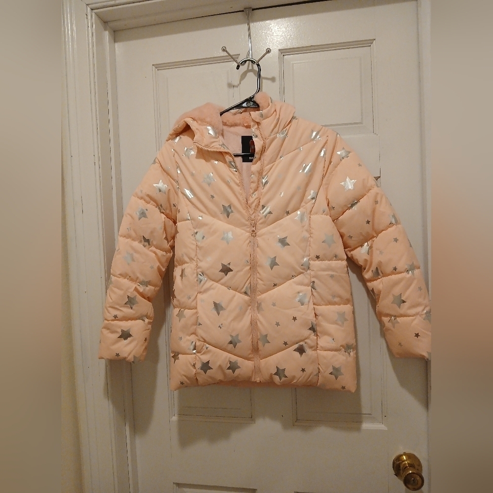Swiss Tech Kids Puffer Jacket - Silver Stars on Peach